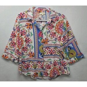 Cynthia Rowley Woman Whimsical Button Up Blouse Mother of Pearl Buttons Abstract